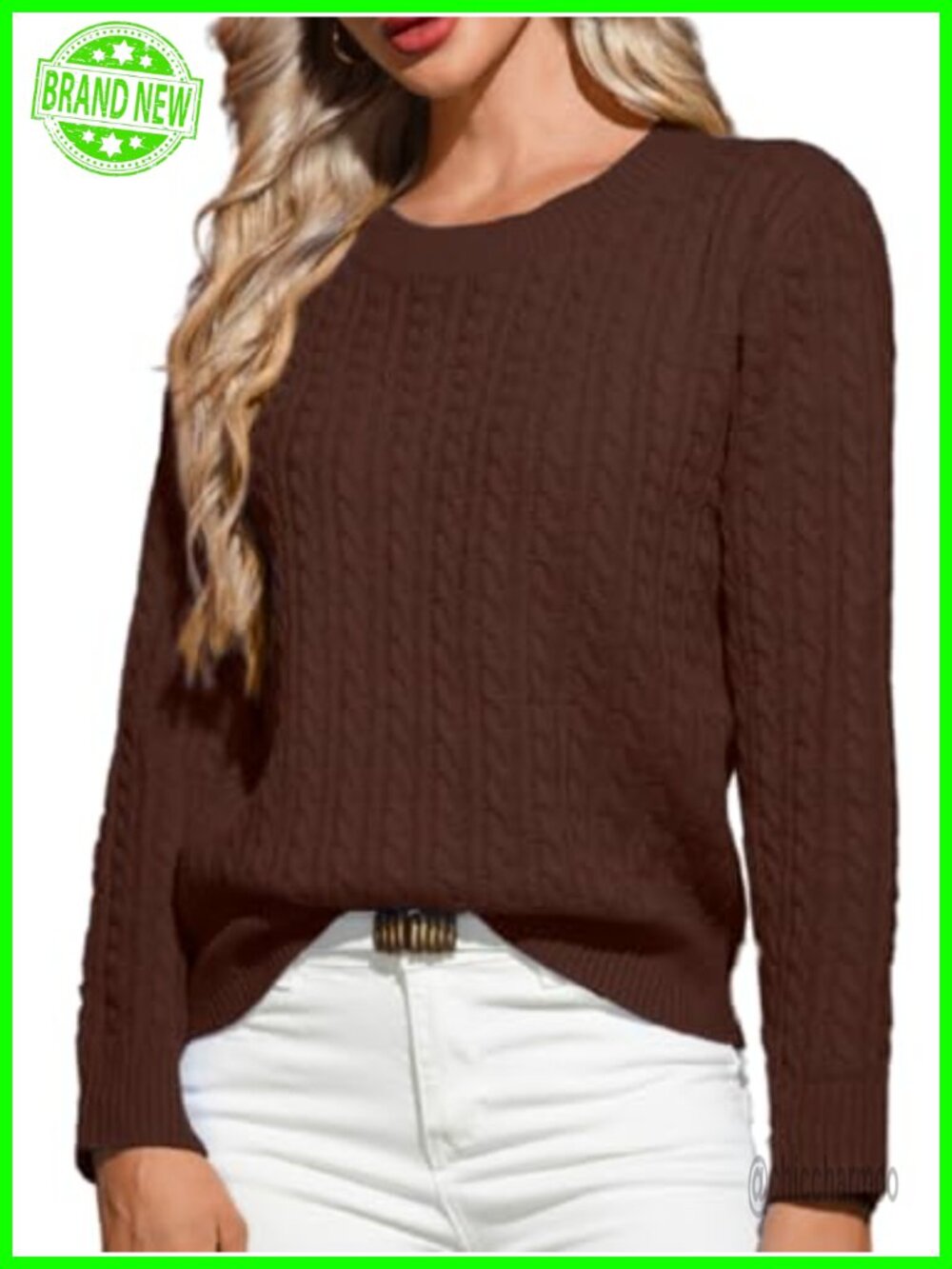 Cable Knit Crew Neck Long Sleeve Ribbed Pullover Sweater Relaxed Fit